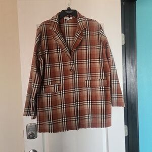 Classic Women's Plaid Blazer in Brown and Cream